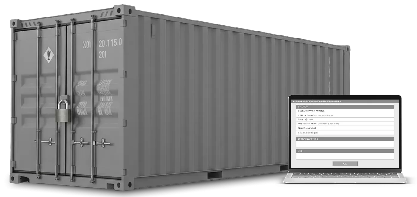 Contêiner cinza fechado com cadeado ao lado de tela com informação aduaneira, simbolizando análise rigorosa no procedimento fiscal do canal cinza.