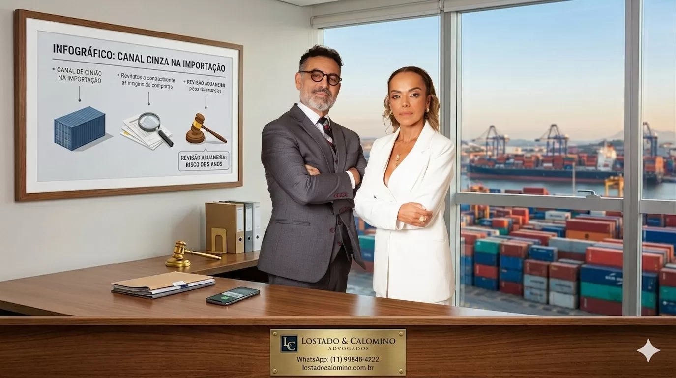 Sidnei Lostado e Deborah Calomino explicando o canal cinza na importação e defesa contra interposição fraudulenta