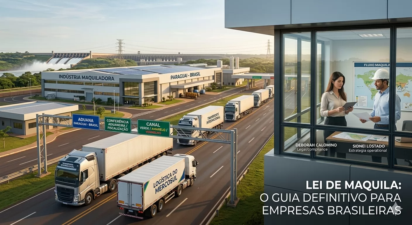 foto mostrando opera&ccedil;&atilde;o da Lei de Maquila com advogados da Lostado e Calomino, caminh&otilde;es de log&iacute;stica na fronteira Brasil-Paraguai e a hidrel&eacute;trica de Itaipu ao fundo.